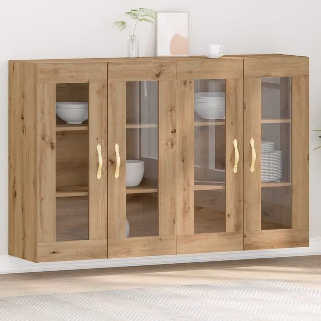 Berkfield Home Set of 2 Wall Mounted Artisan Oak Engineered Wood Cabinets in Brown and Gold