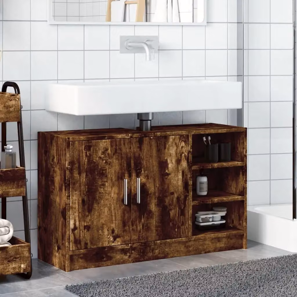 Berkfield Home Smoked Oak Sink Cabinet in Brown, W/D/H: 90 x 29 x 55 cm – 2
