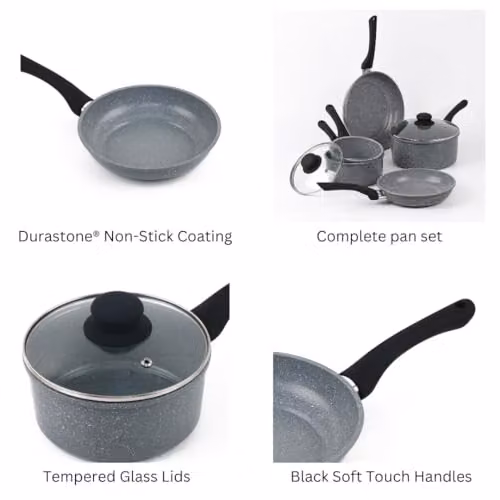 Cermalon 5 Piece Grey Forged Carbon Steel Cookware Set with Non-Stick Ceramic Coating, including 2 Frying Pans and 3 Saucepans with Glass Lids – 2