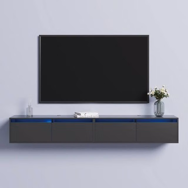KEEPREAPER Set of 2 Floating TV Stands for 55-85 inch TVs with 2 Flip-Down Doors and LED Lighting in Black – 1