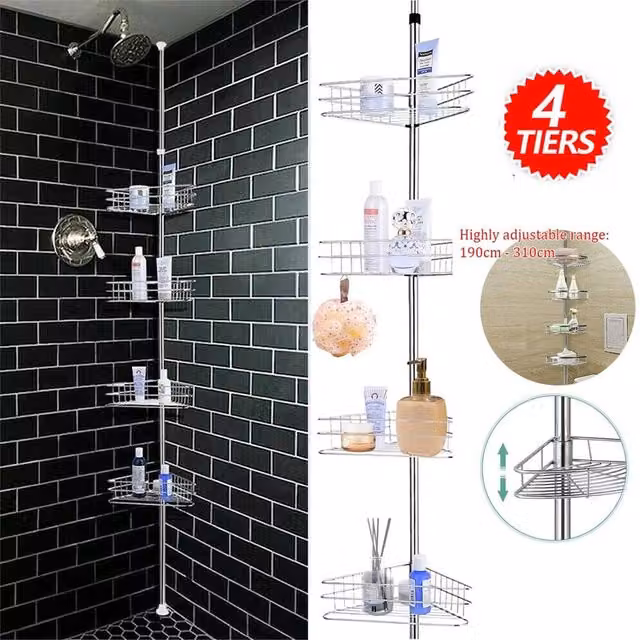 VOGREX 4 Tier Rustproof Telescopic Bathroom Corner Shower Caddy in Silver