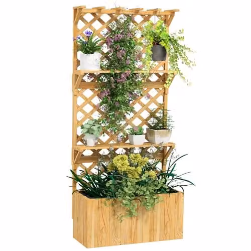 Outsunny Wooden Raised Planter with Trellis and 2 Shelves, Brown and Beige