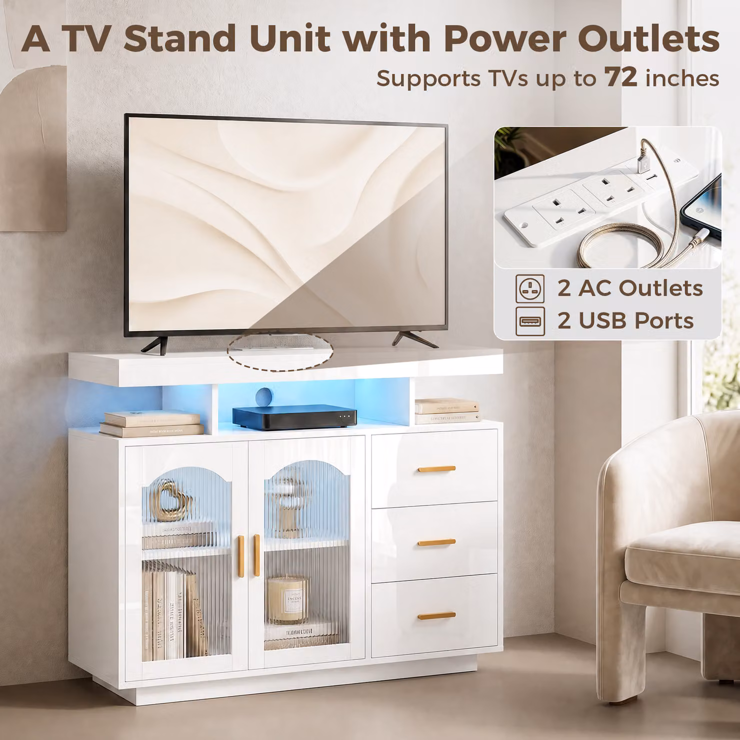 HOMCOM High Gloss White Sideboard with LED Lights, Built-in Power Outlets, 3 Drawers, Shelves and 2 Acrylic Doors – 2