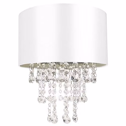 Happy Homewares Modern White Satin Fabric Pendant Light Shade with Transparent Acrylic Droplets, Diameter: 30 cm