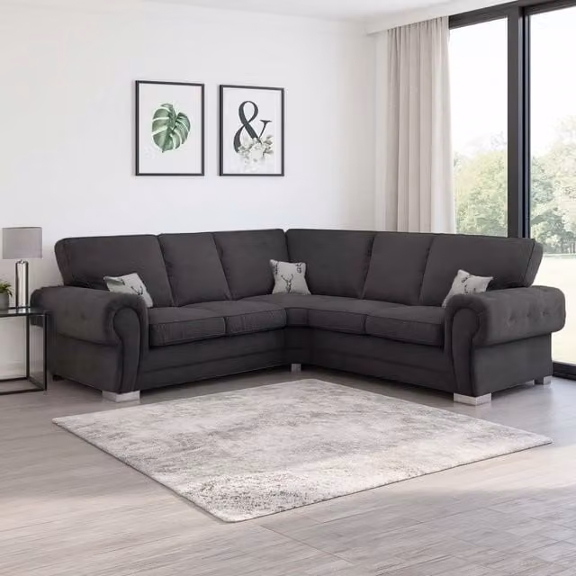 Furnishings For Less UK Milan 5 Seater L Shaped Corner Sofa in Black with Chesterfield Arms and Scatter Cushions