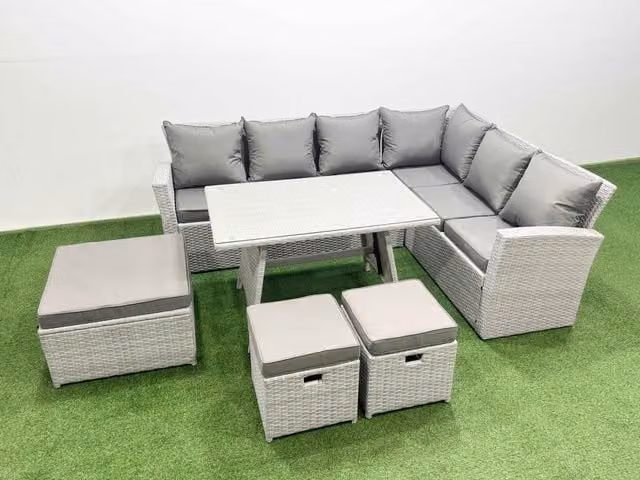 Fimous 9 Seater Rattan Garden Furniture Set with Dining Table in Light Grey