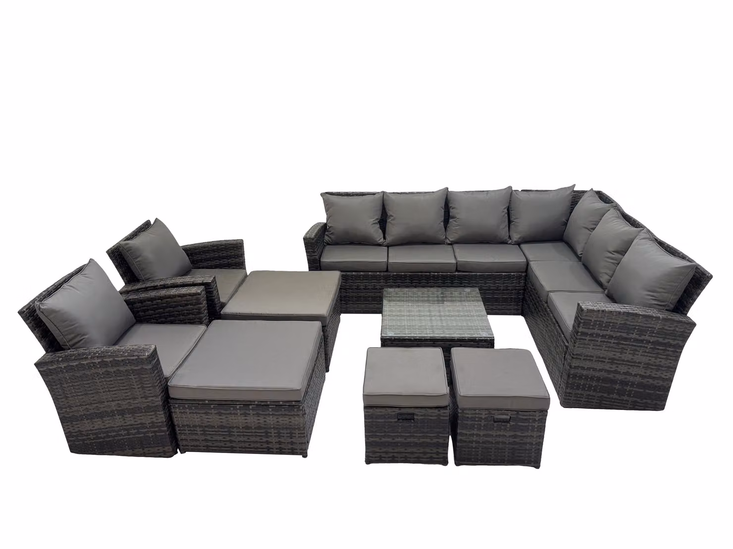 Fimous 12 Seater L-Shape Garden Sofa Set in Dark Grey with Coffee Table, 2 Chairs and 4 Footstools – 2