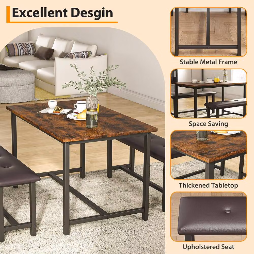 London Boutique 3-Piece Dining Set with Rectangular Table and 2 Upholstered Benches in Brown, W/D/H: 136 x 70 x 75 cm – 4