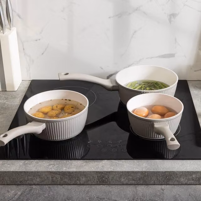 Haden 3 Piece Non-Stick Ribbed Cookware Set in Beige and White