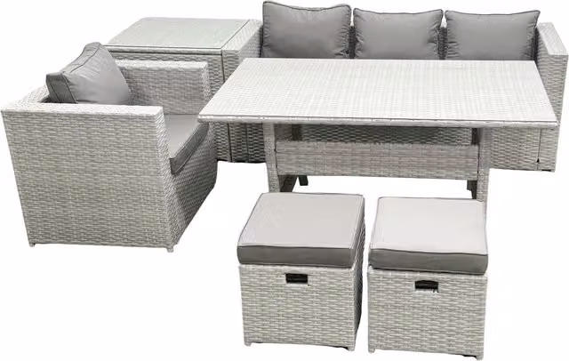 Fimous 6 Seater Rattan Garden Furniture Dining Set with Lounge Sofa, Chairs, Dining Table and 2 Footstools in Light Grey – 1