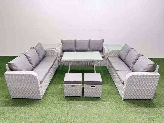 Fimous 11 Seat PE Rattan Garden Furniture Set in Light Grey with 2 Side Tables and 2 Small Stools