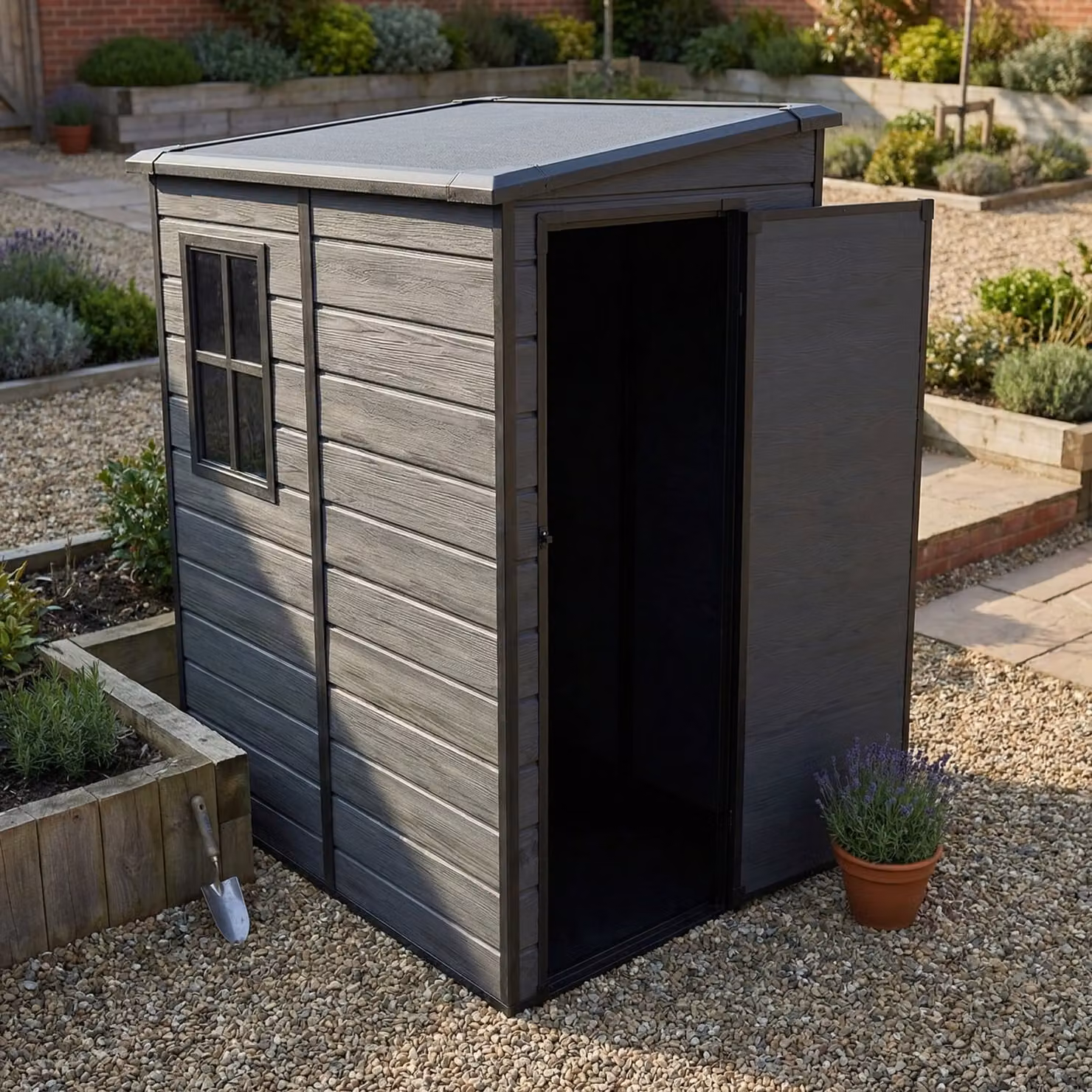 Breeins Plastic Pent Garden Storage Shed with Single Door, Dark Grey, W: 152.4 cm, H: 186 cm, D: 152.4 cm