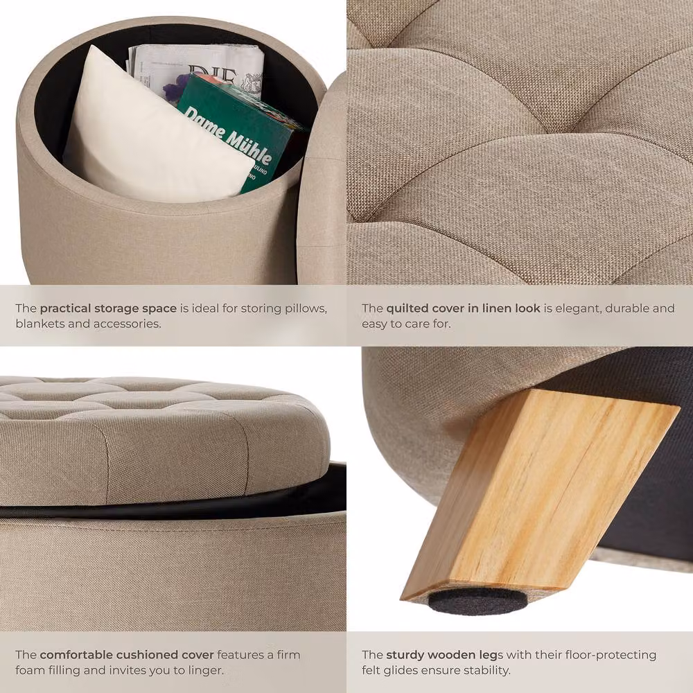 tectake Suna Round Padded Stool with Large Storage Space in Light Sand – 5