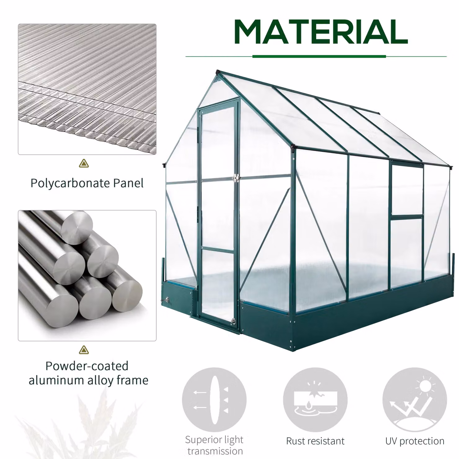 OUTSUNNY Green Walk-in Greenhouse with Smart Window, Aluminium and Polycarbonate Construction, W/D/H: 219 x 190 x 190 cm – 3
