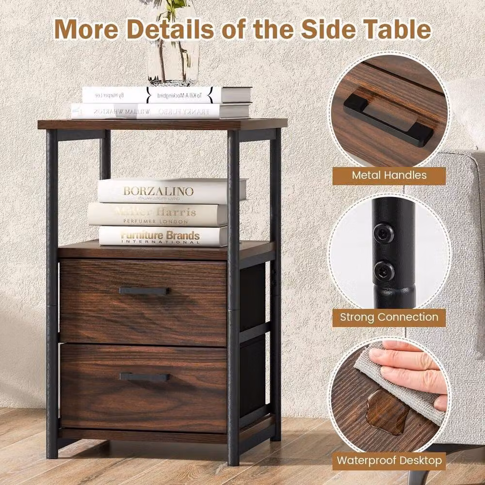 KORVIXA Industrial Nightstand Bedside End Table with 2 Fabric Drawers and Shelf, Brown, W/D/H: 100 x 100 x 58 cm – 4