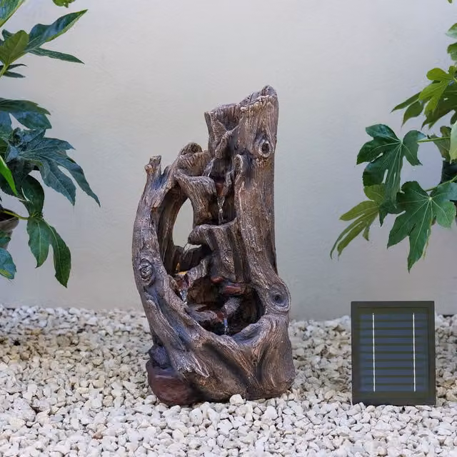 Primrose Solar Powered Tabletop Water Feature with LED Lights in Brown Rustic Tree Bark Design