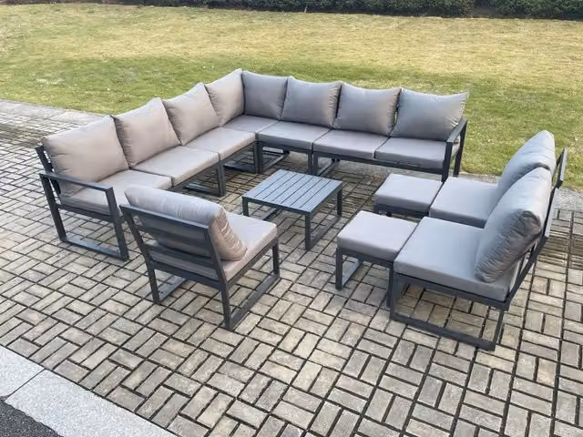 Fimous 12 Seater Outdoor Garden Furniture Set with L-Shape Corner Lounge Sofa, Square Coffee Table and 2 Ottomans in Dark Grey Powder Coated Aluminium