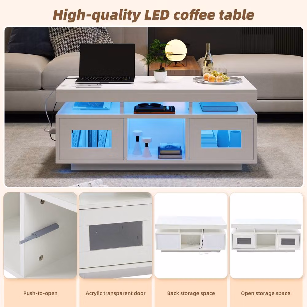 Merax High Gloss LED Coffee Table with Integrated Power Sockets and USB Ports in White – 3