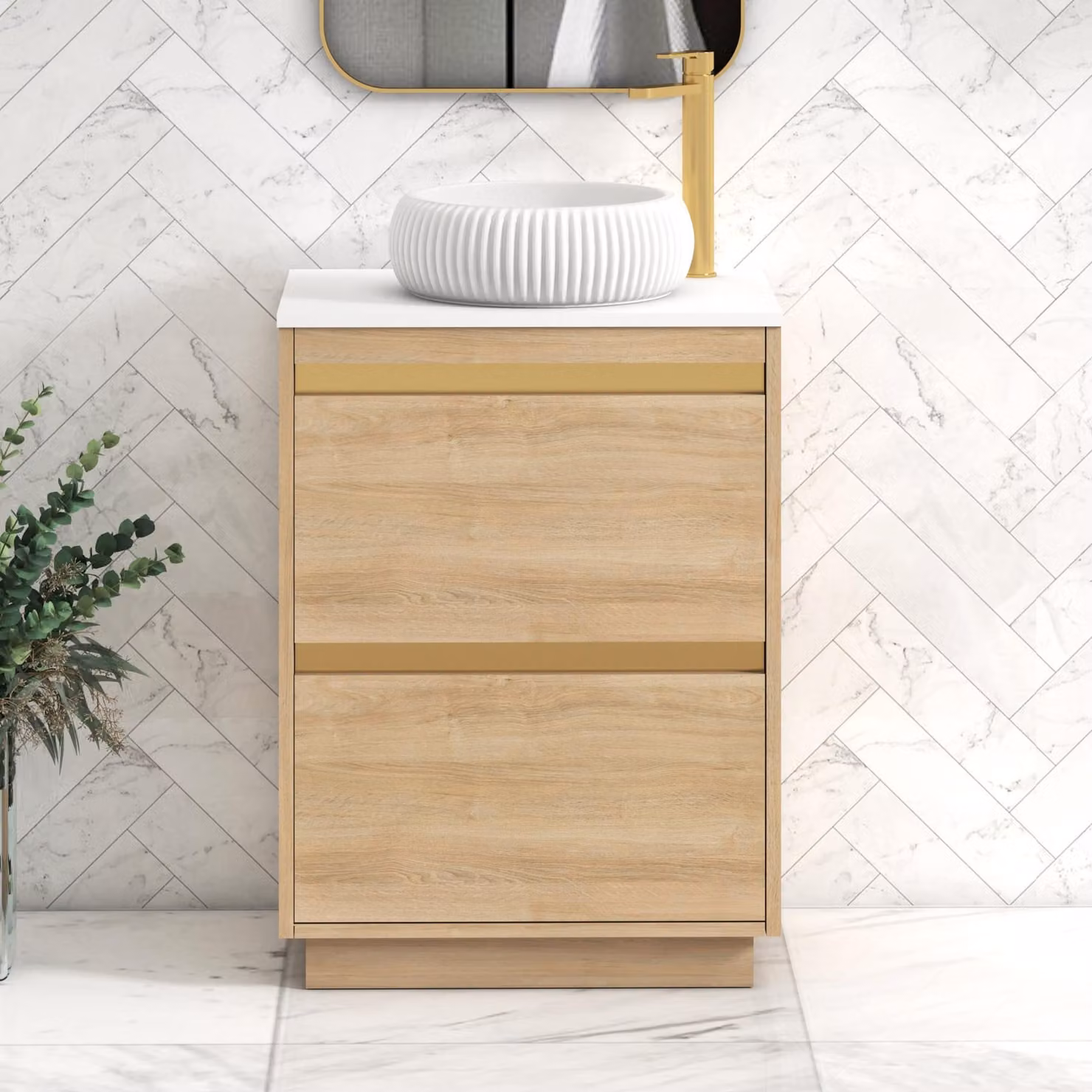 Royal Bathrooms Orion 600mm Natural Oak and Plain White 2 Drawer Floor Standing Vanity Unit with Milan Basin and Brushed Brass Accent Trim