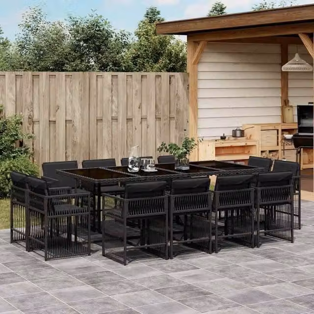Berkfield Home 13 Piece Black Poly Rattan Garden Dining Set with Cushions and Glass Tabletop
