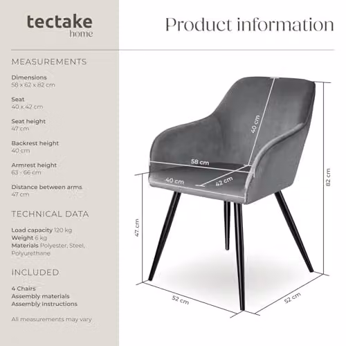 tectake Set of 4 Marilyn Dining Chairs in Grey Velvet with Black Metal Legs – 3