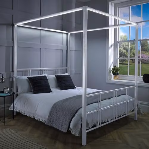X-Rocker FERN Four Poster Metal Canopy Bed Frame with Dimmable LED Lighting, White, W/D/H: 140 x 200 x 183 cm