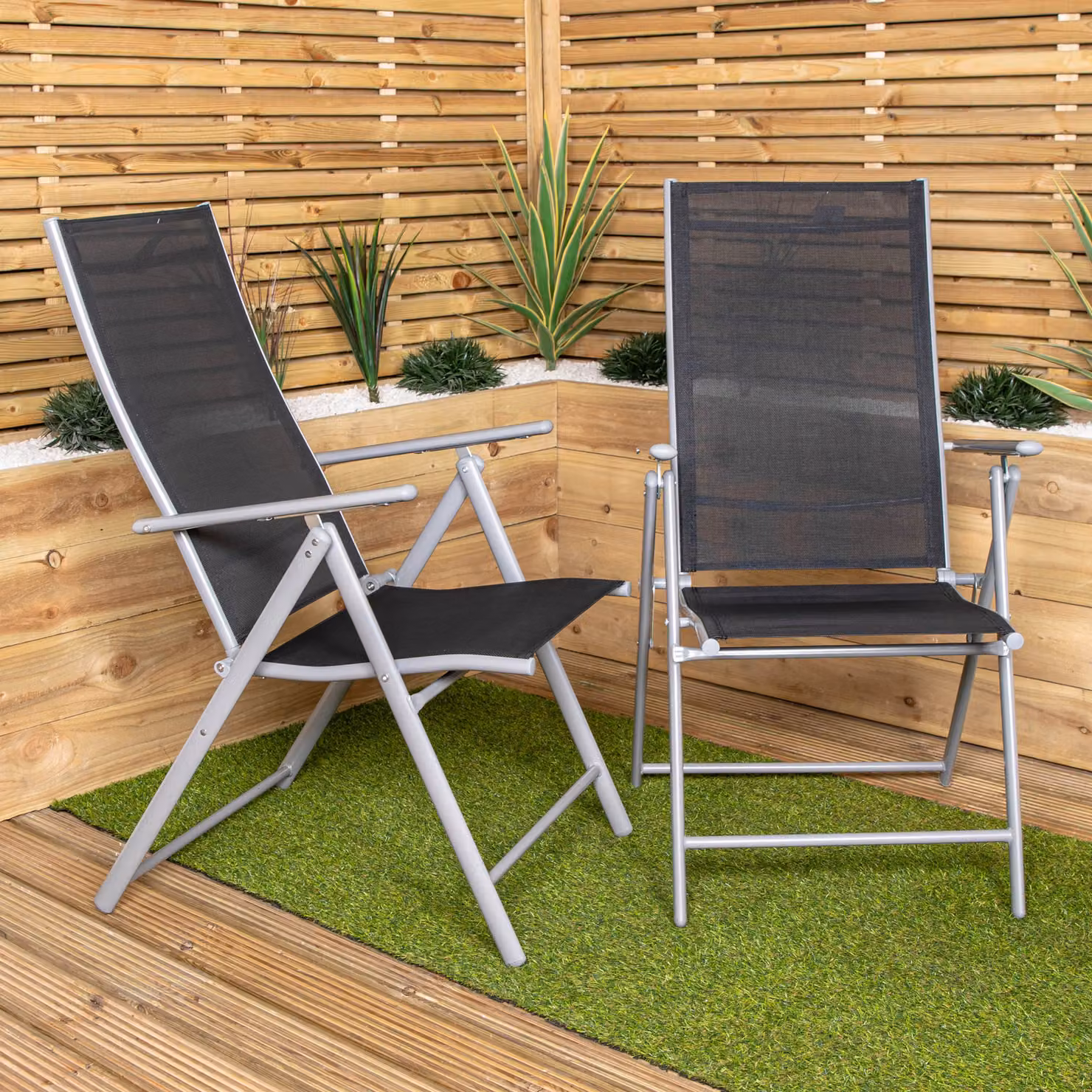 Samuel Alexander Set of 2 Grey Multi Position Reclining Folding Outdoor Garden Patio Chairs with Armrests and Powder Coated Steel Frame – 2