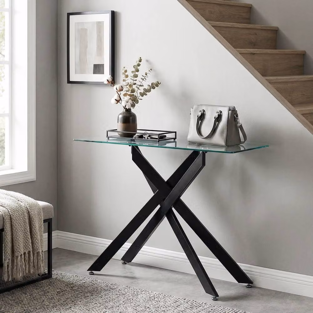 Costway Modern Glass Console Table with Black X-Frame and Clear Tempered Glass Top, Width: 115 cm – 7