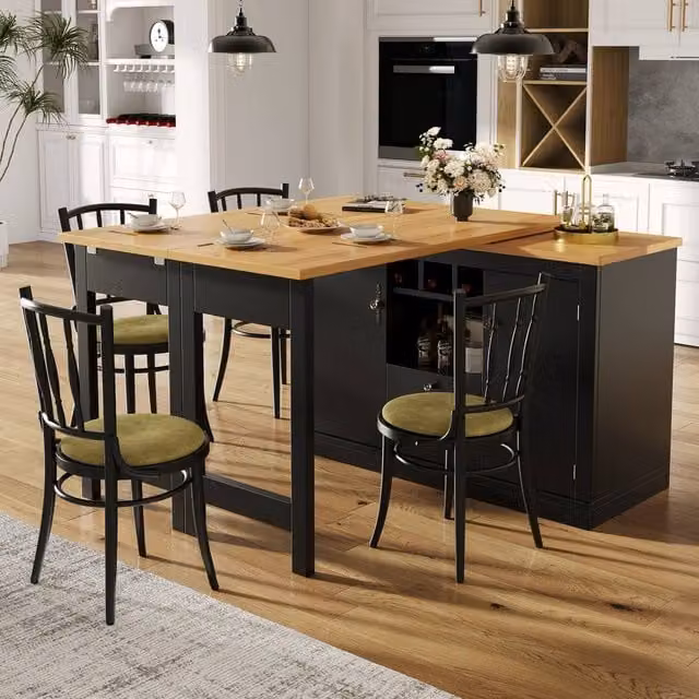 Rolipo Extendable Kitchen Island and Rotating Bar Table with Storage in Matt Black