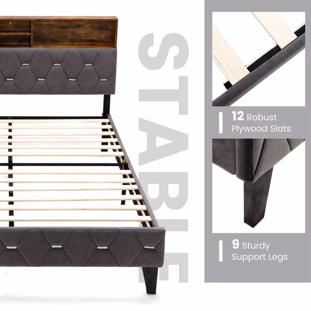 NESTLUNE Grey Velvet Upholstered Double Bed Frame with Lift Up Base – 6
