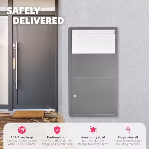 tectake Wall-Mounted Steel Parcel Box with Lockable Storage and Anti-Theft Deposit Slot, Grey, W/D/H: 44 x 22 x 82 cm – 3