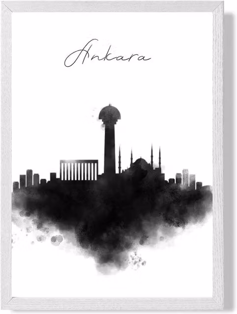 ARTZE Ankara Watercolour Skyline City Framed Print, Black and White, A4 – 1