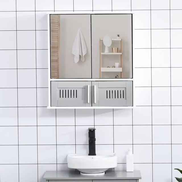 kleankin Grey Wall Mounted Bathroom Mirror Cabinet with Hinged Glass Doors