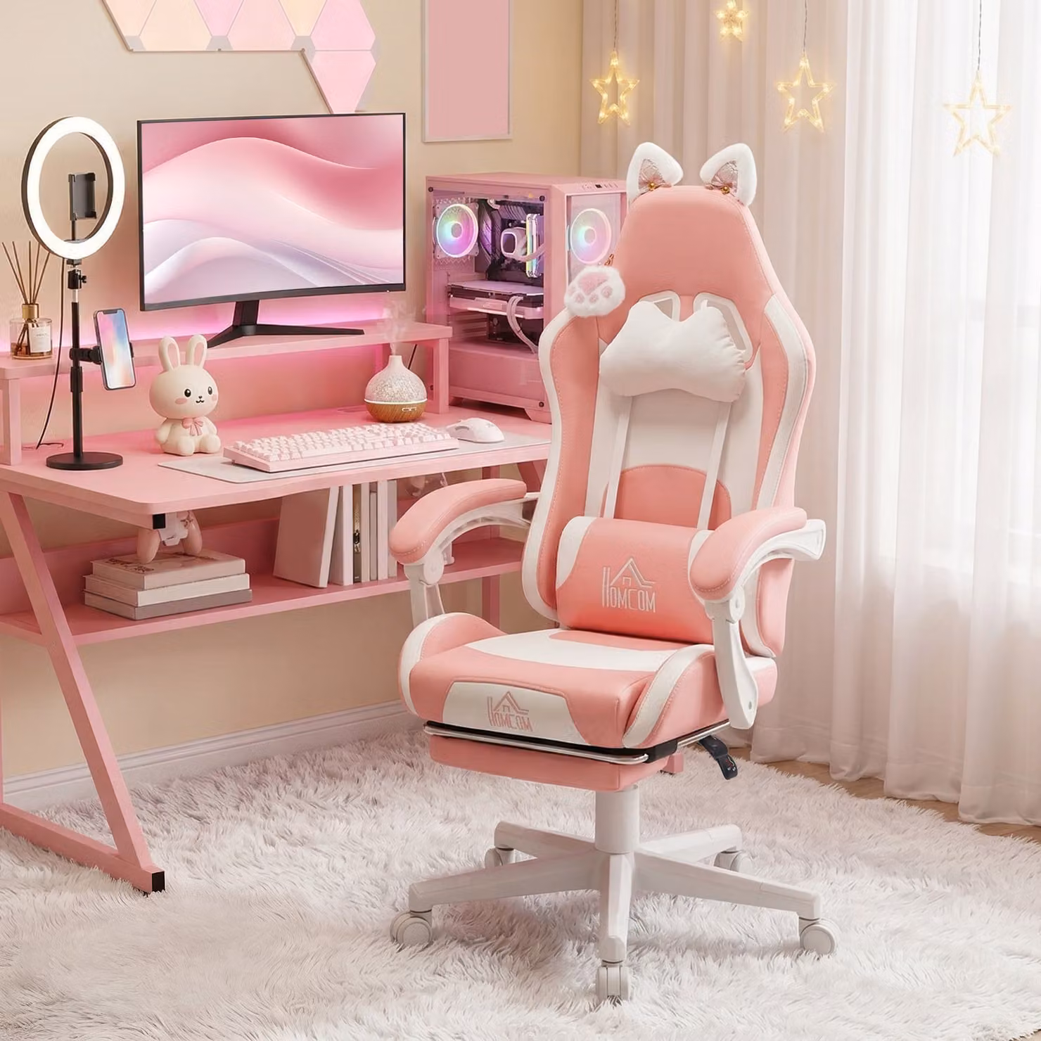 HOMCOM Cat Ear and Paw Reclining Gaming Office Chair with Footrest, Pink and White – 2