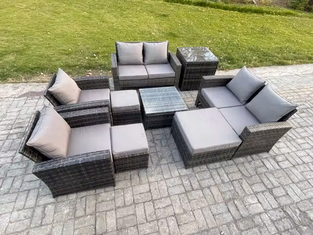 Fimous 9 Piece Wicker Rattan Garden Furniture Set in Dark Grey with U-Shape Sofa, 3 Ottomans and Coffee Table
