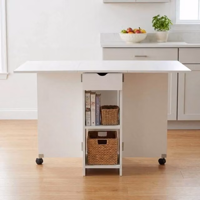 KORVIXA White Foldable Space Saving Square Dining Table with Castors and Storage Shelf
