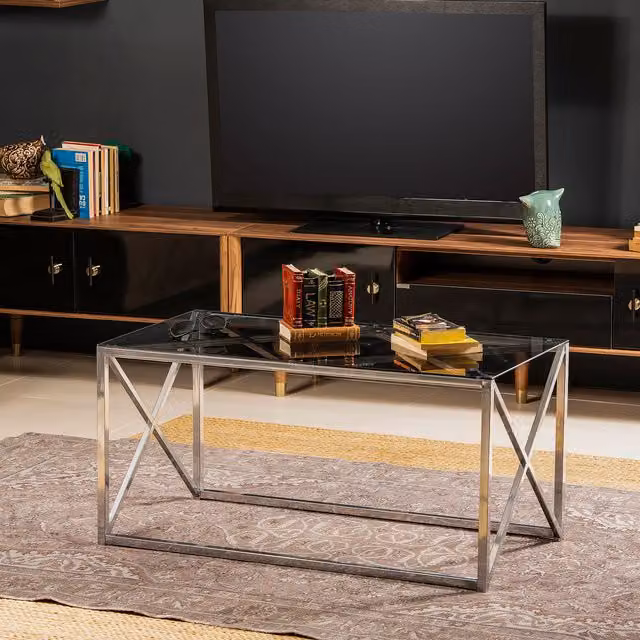 Decorotika Iliomar Modern Rectangular Glass Coffee Table with Silver Metal X-Frame