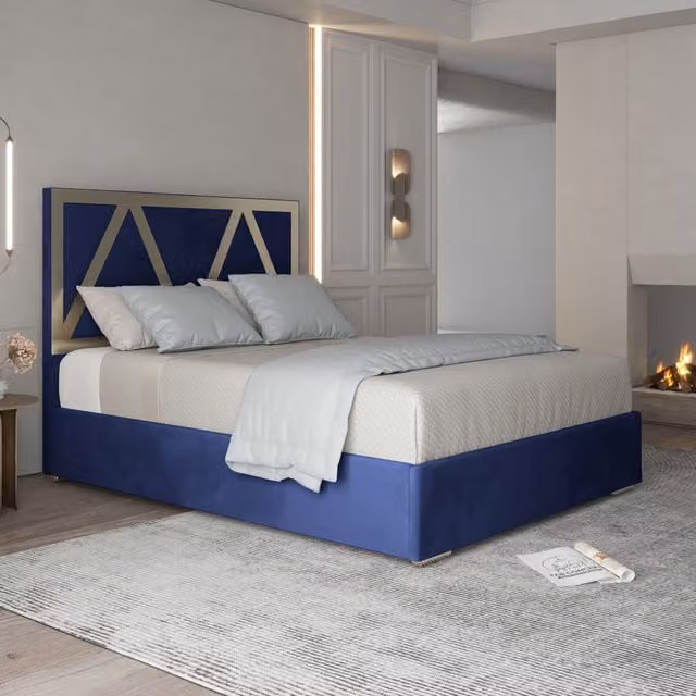 KDMD Belgrave Art Deco Soft Velvet Upholstered Metal Bed Frame, Blue, W/D/H: 90 x 190 cm