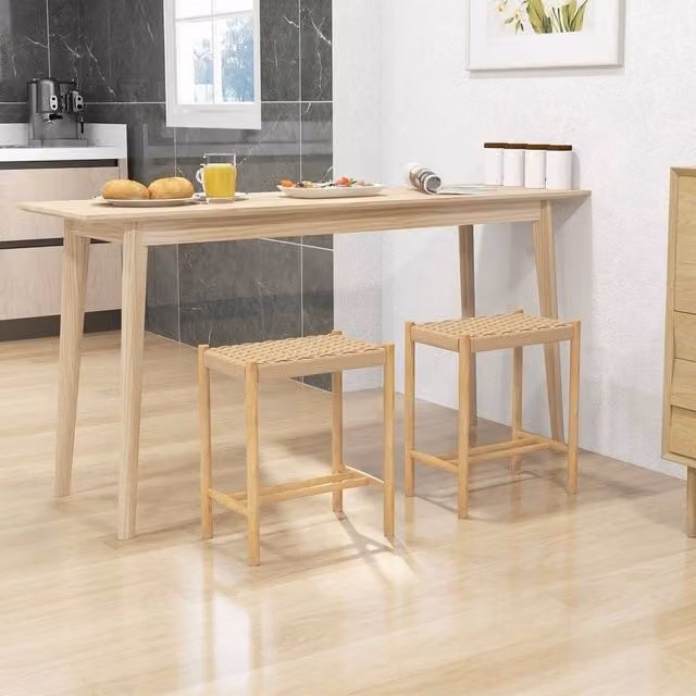 PAWNORA 2-Pack Brown Counter Height Dining Bar Stools with Woven Paper Seats and Rubberwood Frames