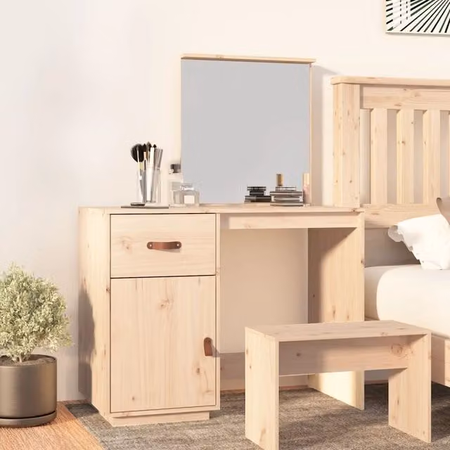 Berkfield Home Rustic Solid Wood Pine Cosmetic Desk in Brown, W/D/H: 95 x 50 x 134 cm