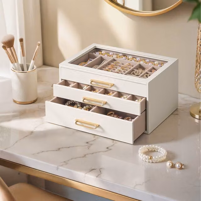 SONGMICS 3-Layer Jewellery Box Organiser in White and Gold