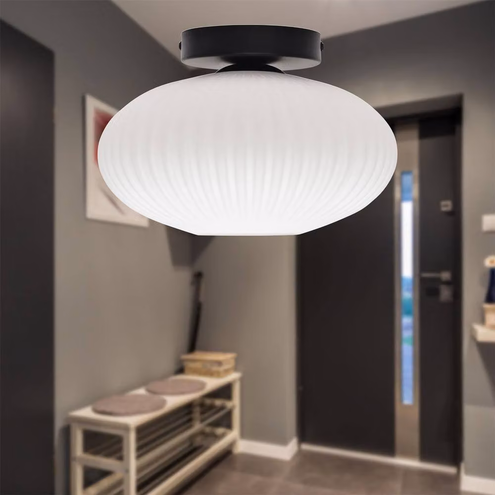 First Choice Lighting Set of 2 Baton Modern Black Ceiling Lights with White Ribbed Oval Glass – 2