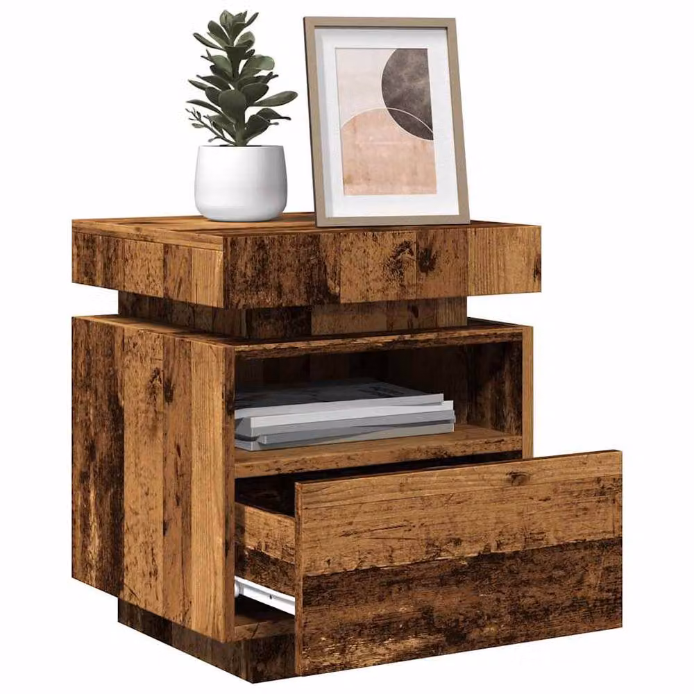 Berkfield Home Set of 2 Bedside Cabinets with Integrated LED Lights in Old Wood Brown, W/D/H: 40 x 39 x 48.5 cm – 3