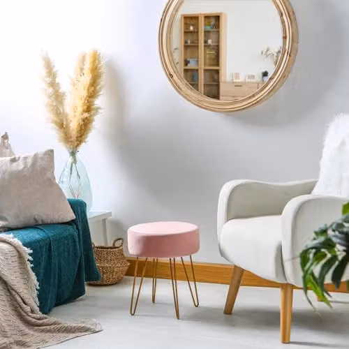 Harbour Housewares Pink Velvet Round Footstool with Gold Legs, H41 x D45 cm – 2