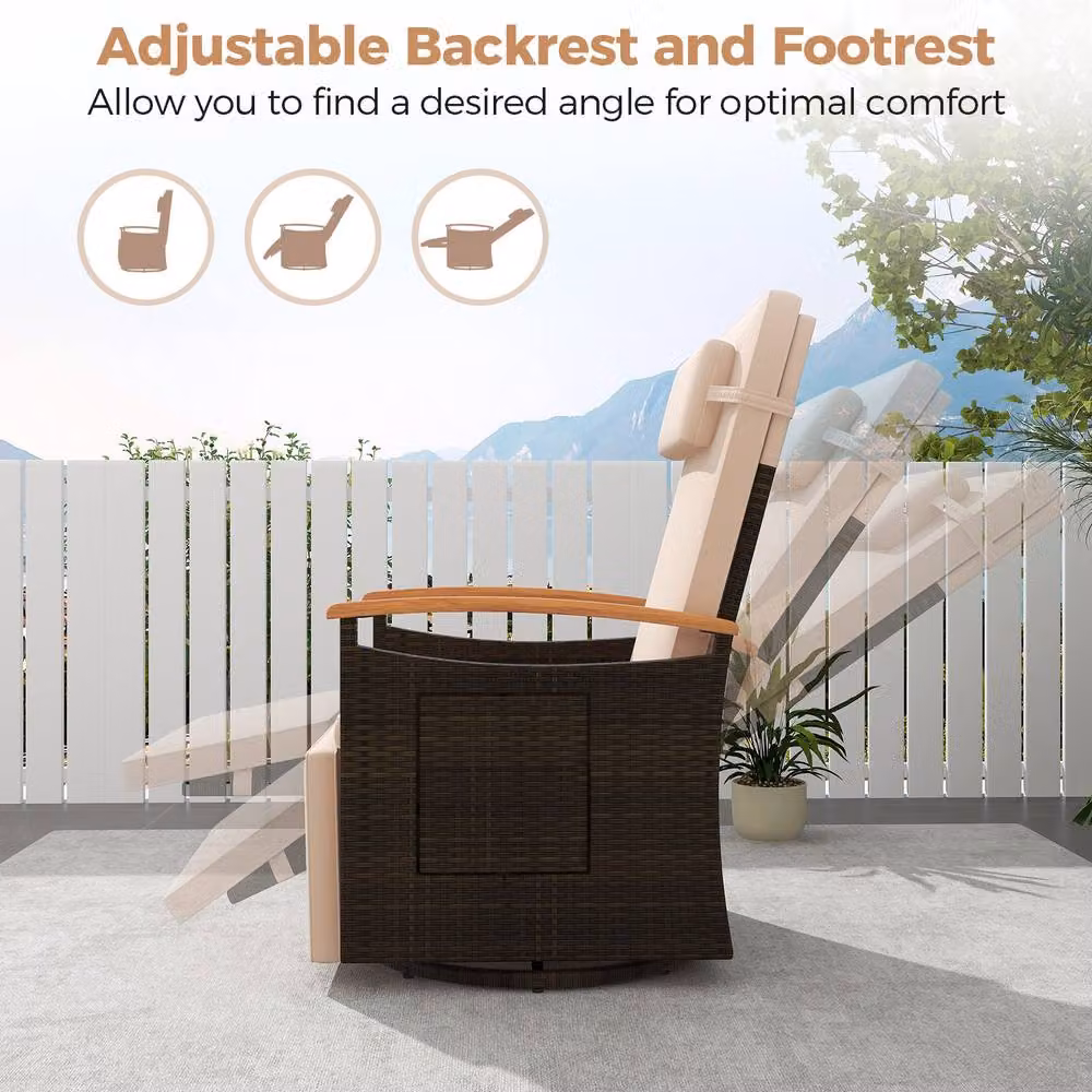Gymax 360 Swivel Wicker Lounge Chair with Flip Side Table and Adjustable Headrest in Brown – 9