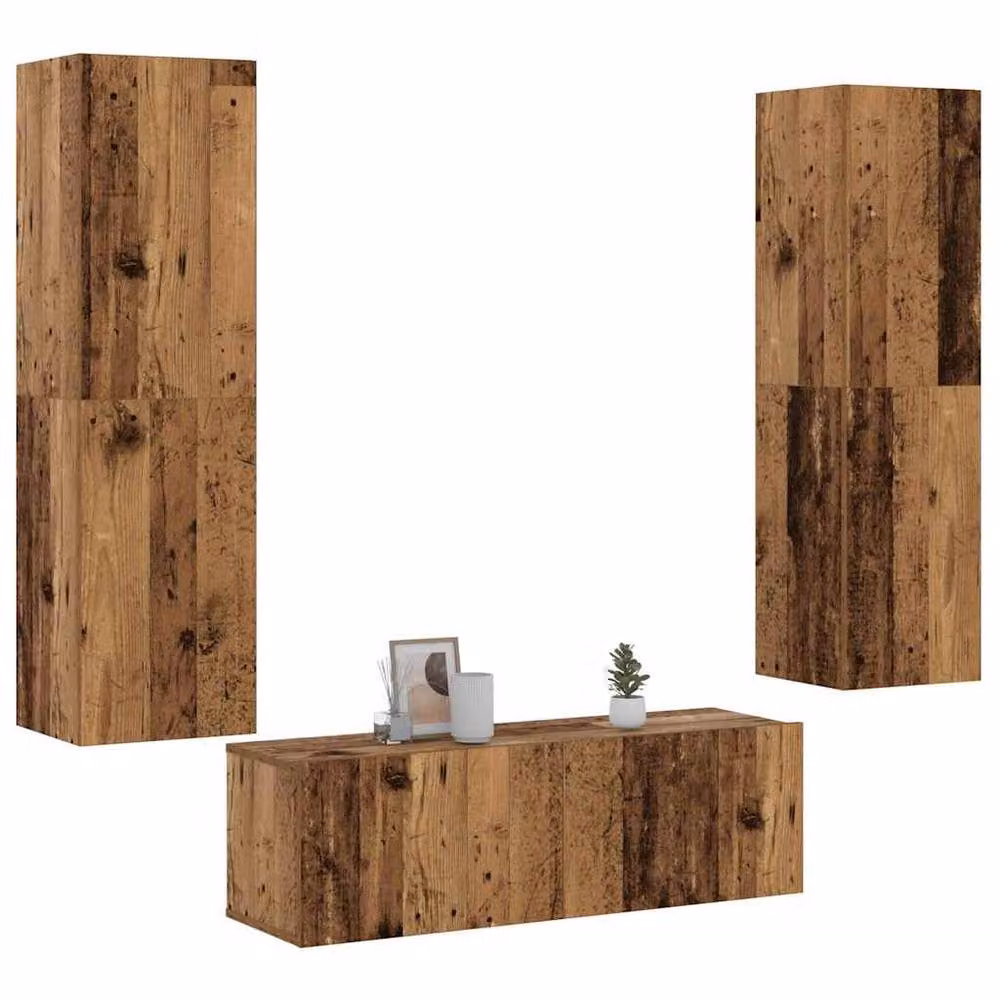 Berkfield Home 3-Piece Wall Mounted TV Cabinet Set in Brown Old Wood Rustic Engineered Wood – 2