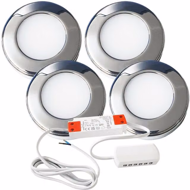 Loops 4x Chrome Round Under Cabinet Kitchen LED Light and Driver Kit with Natural White Light