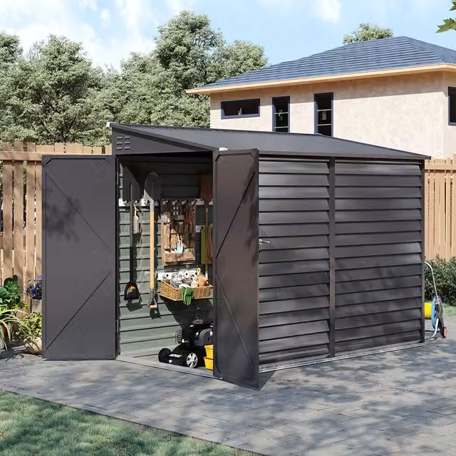Breeins Dark Grey Metal Garden Storage Shed with Sloping Pent Roof and Side Door