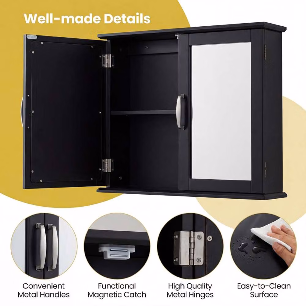 Gymax Modern Black Wall-Mounted Medicine Cabinet with Mirrored Double Hinged Doors – 6