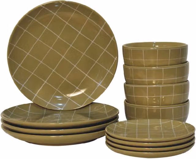 KDMK Green Floral Ceramic Dahlia Dinner Service Set of 12 Including 4 Plates, 4 Smaller Plates and 4 Bowls